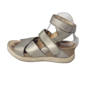 FLY London Idra Wedge Platform Sandal EU 41 Silver Metallic Leather Ankle Strap